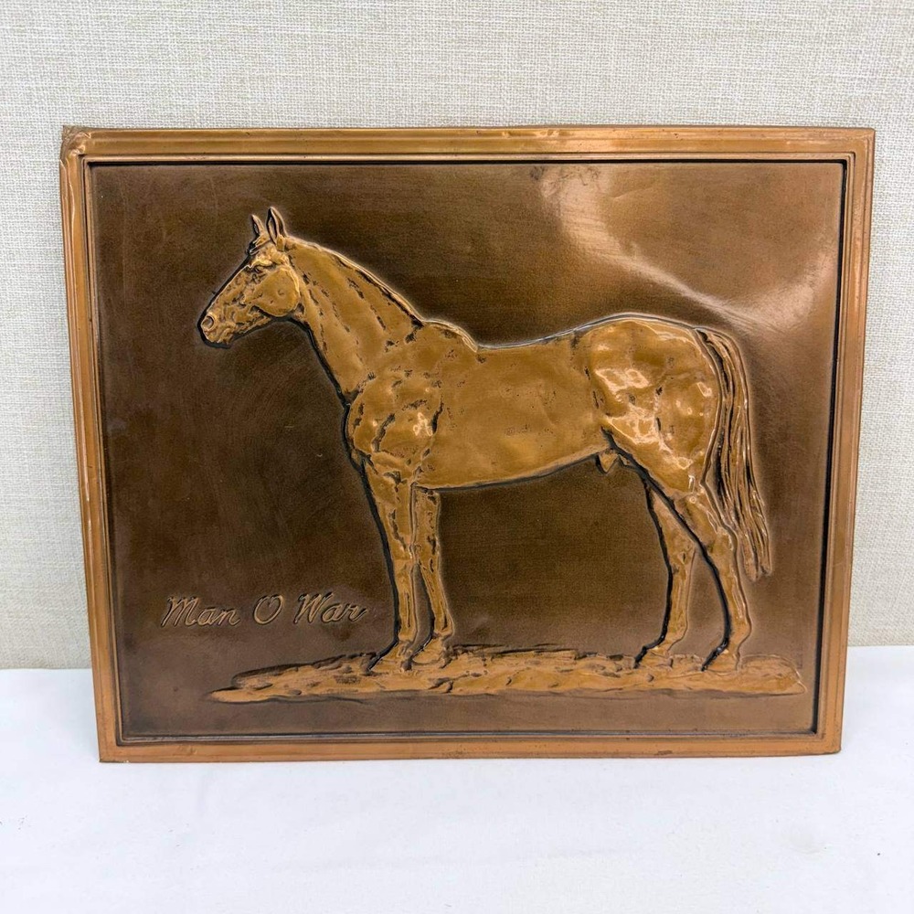 Vintage Man o War Copper Relief Wall Plaque 13.5x11 Horse Racing Art Decor